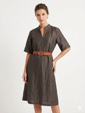 TONET Italy Brown Linen Blend Shift Dress with Pockets Size 46 Vacation Summer